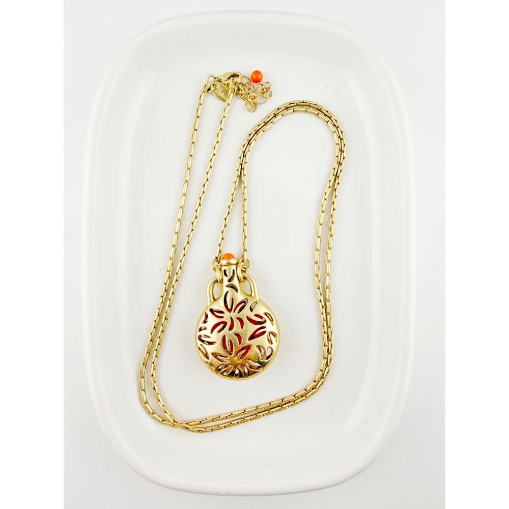 Lia Sophia Gold Cutout Urn Pendant Necklace Orange Beads 32"+3" Extender